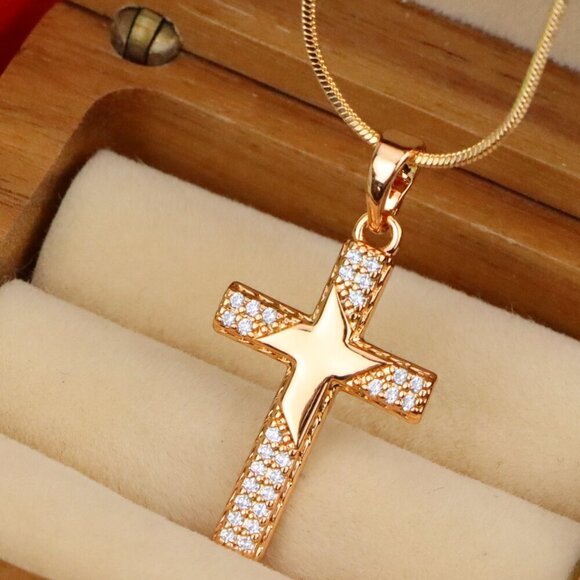 "Rose Gold Cross Pendant with Star Design and Sparkling Accents, XPPT1748 - Picture 1 of 13